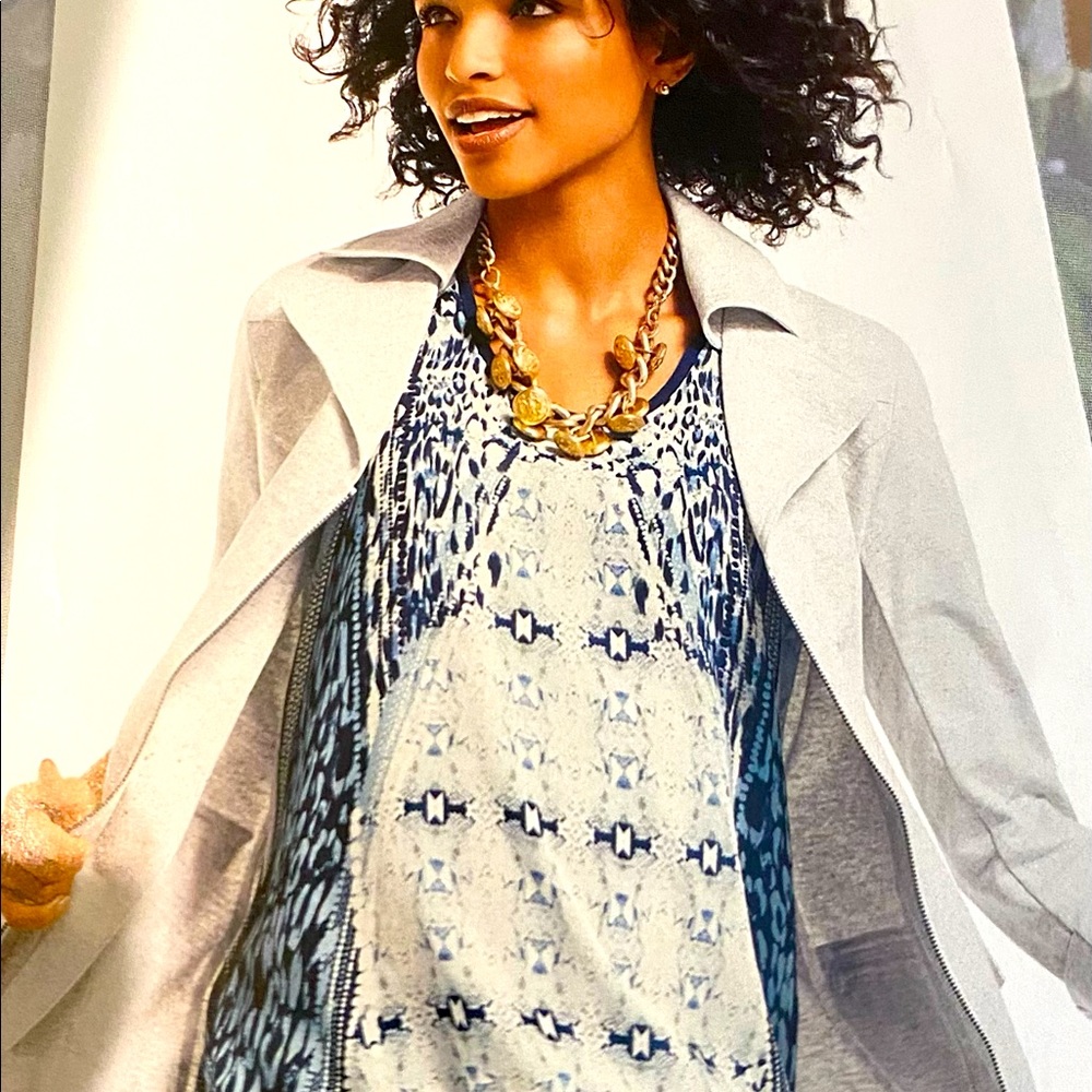 Cabi light as a feather blue/white patterned top